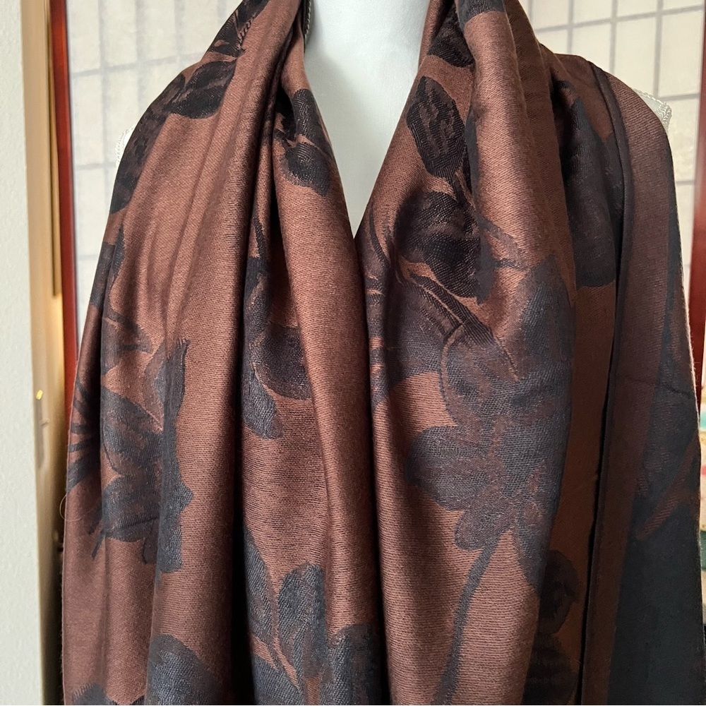 Pashmina Scarf Wrap Brown Black Floral - Picture 3 of 12